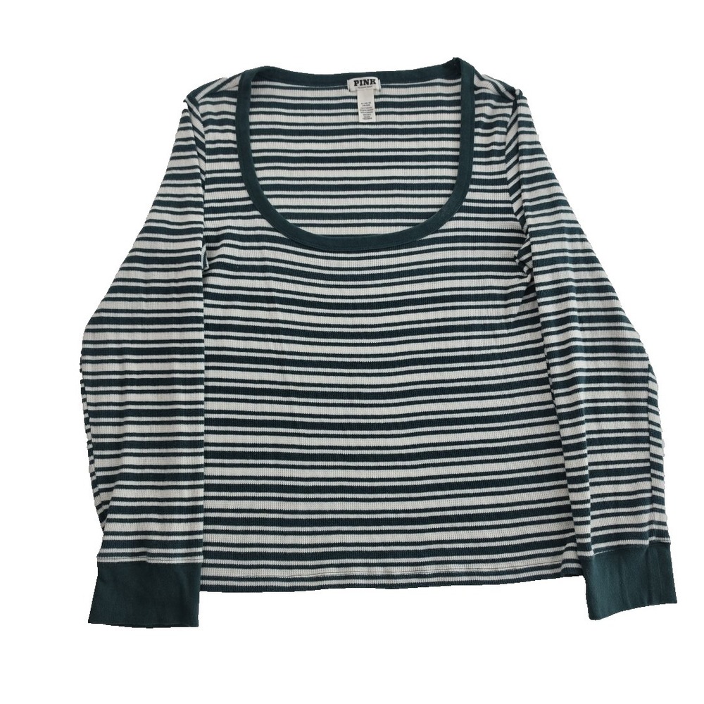 Victoria's Secret Pink Boat Neck Sweater‎ Womens XL Green White Long Sleeve